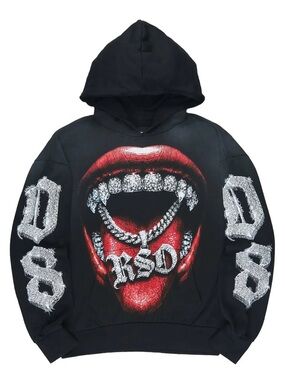 NWT!!! Mens Black Graphic Hoodie with Red Lips and Chain Design